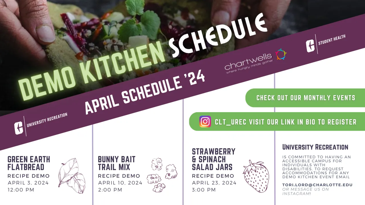 april demo kitchen class schedule. green earth flatbread recipe demo on april 3 at noon. bunny bait trail mix recipe demo on april 10 at 2 pm. strawberry and spinach salad jars recipe demo on april 23 at 3 PM.