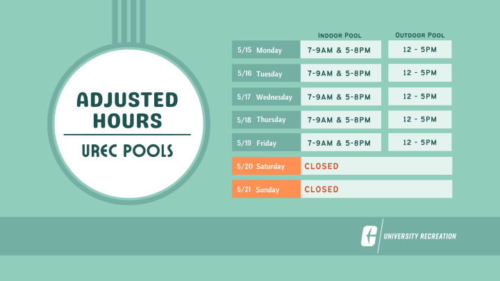 Our pools have adjusted hours currently and will be closed on May 20th and 21st!