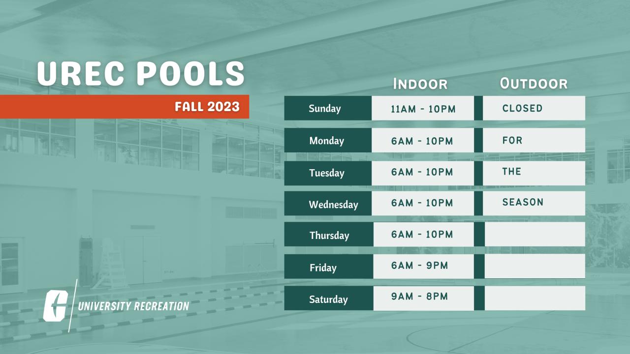 Check out our current pool hours. The outdoor pool is closed for the season.