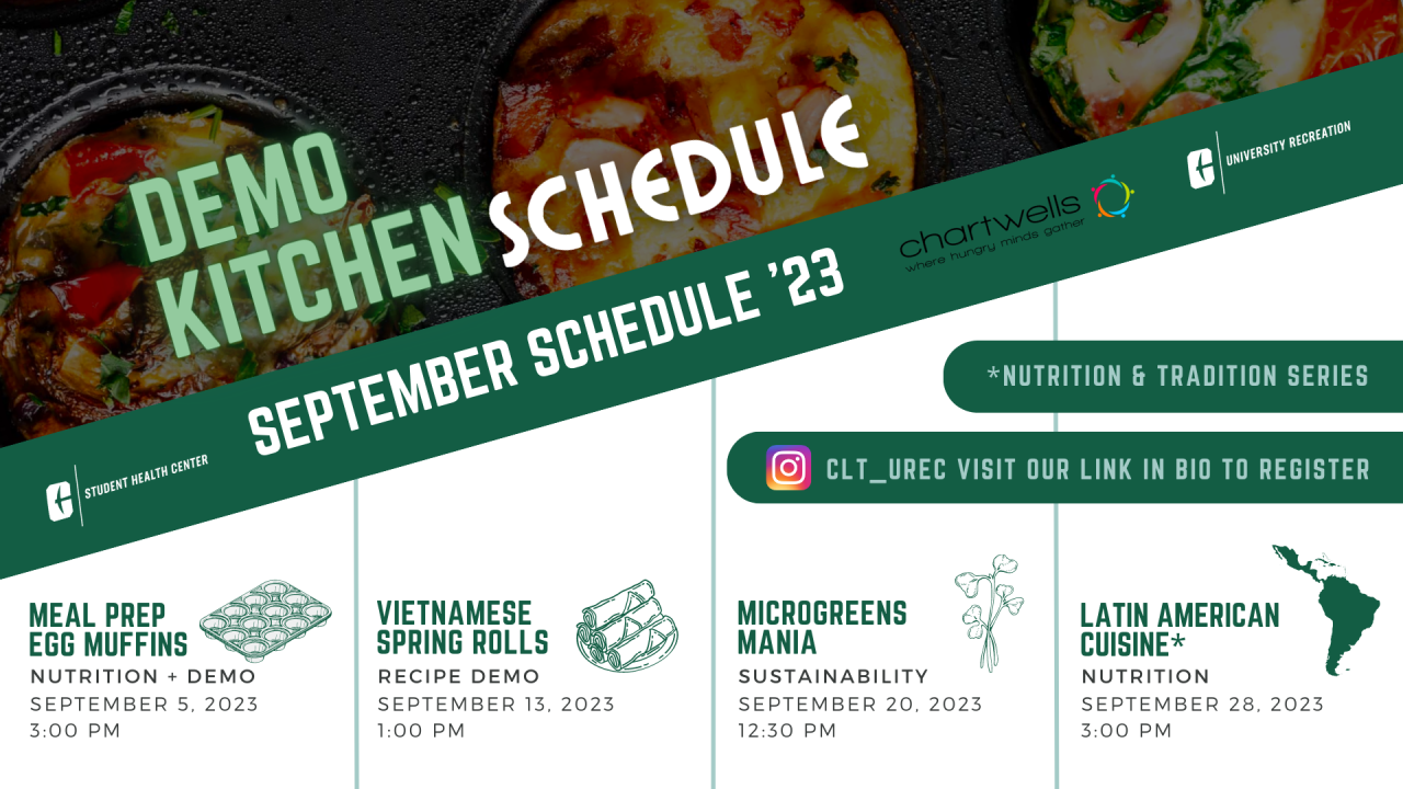 demo kitchen for september has been posted. the events are as followed. meal prep egg muffins on september 5 at 3 pm. vietnamese spring rolls on september 13 at 1 pm. microgreens mania on september 20 at 12:30 pm. and latin american cuisine on september 28 at 3 pm.