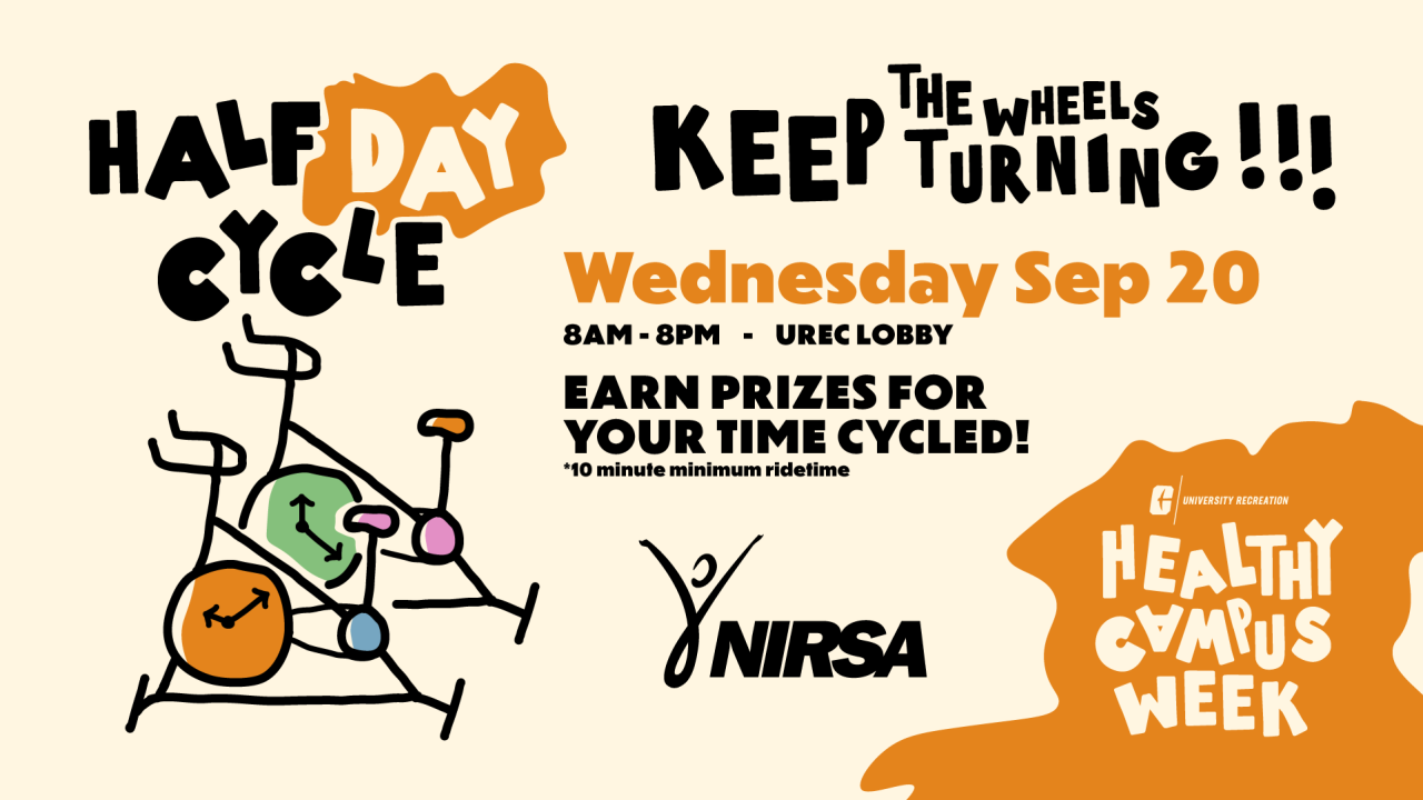 half day cycle wednesday sep 20 from 8am to 8pm in the you rec lobby