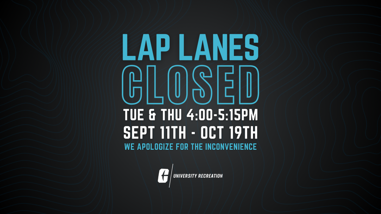 Lap lanes are closed tuesdays and thursdays from 4-5:15pm from september 11th through october 19th. We have a group fitness class using the space!