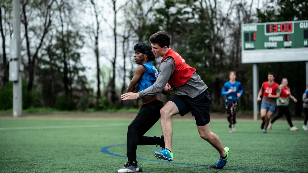men playing flag football on a field