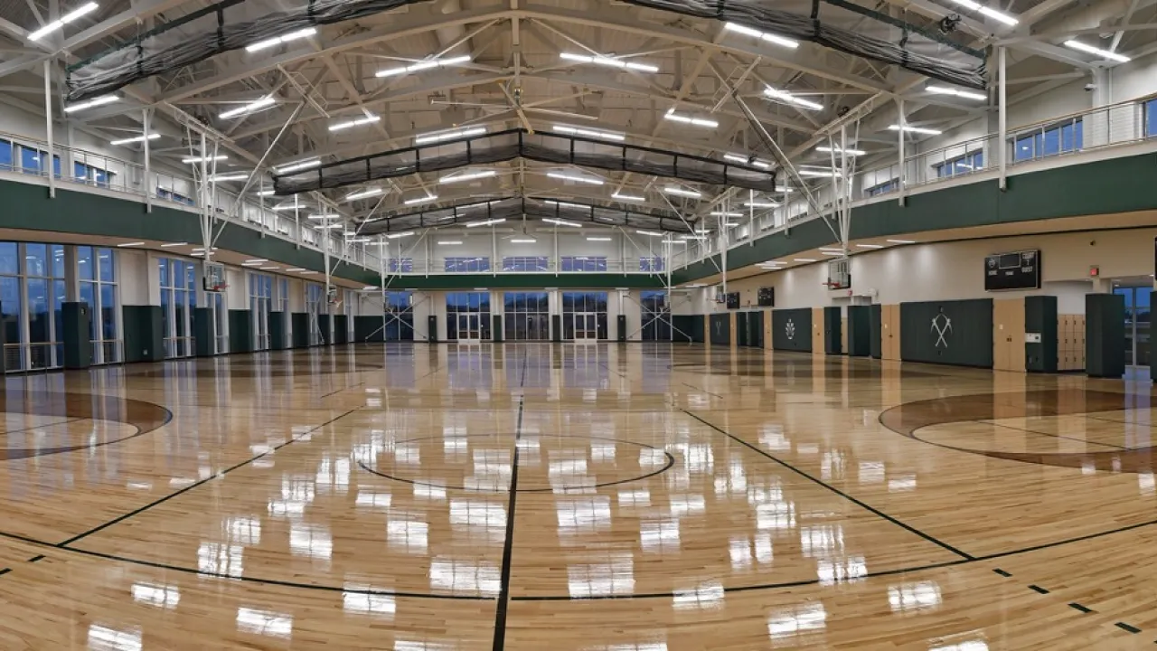 Panoramic view of four basketball courts